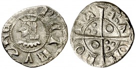 Pere III (1336-1387). Barcelona. Òbol. (Cru.V.S. 417 var) (Cru.C.G. 2939a var). 0,66 g. Letras A y V latinas. Buen ejemplar. MBC+.
