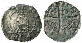 Pere III (1336-1387). Barcelona. Òbol. (Cru.V.S. 419 var) (Cru.C.G. 2240 var). 0,52 g. Letras A y U góticas. Busto muy pequeño. Ex Áureo 30/04/2008, n...