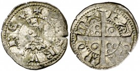 Pere III (1336-1387). Barcelona. Diner. (Cru.V.S. 420) (Cru.C.G. 2235a). 1,15 g. Letras A y V latinas. Buen ejemplar en el que se aprecia que el cuell...