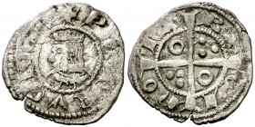 Pere III (1336-1387). Barcelona. Diner. (Cru.V.S. 422 var) (Cru.C.G. 2233 var). 1,19 g. Letras A y V latinas. MBC.
