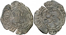 Reyes Católicos. Burgos. Sin ensayador. 4 maravedís. (Cal. tipo 261, falta var) (Seb. 15). 5,44 g. Castillo y león pequeños. Grietas. BC+/MBC-.