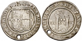 Juana y Carlos. México. G. 2 reales. (Cal. 112). 5,85 g. Perforación. Escasa. (BC+).