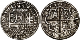 1588. Felipe II. Segovia. 8 reales. (Cal. 191). 25,59 g. Acueducto de 6 y 5 arcos y 2 pisos. Oxidaciones superficiales. (MBC).