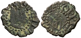 s/d. Felipe III. Banyoles. 1 diner. (Cal. 589) (Cru.C.G. 3658). 0,59 g. Buen ejemplar. MBC+.