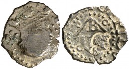 s/d. Felipe III. Banyoles. 1 diner. (Cal. 590) (Cru.C.G. 3661). 0,52 g. Contramarca: cabeza de fraile, realizada en 1605. Escasa así. (EBC-).