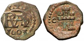 1603. Felipe III. Cuenca. 1 maravedí. (Cal. falta) (J.S. D-90). 0,86 g. Rara. MBC.