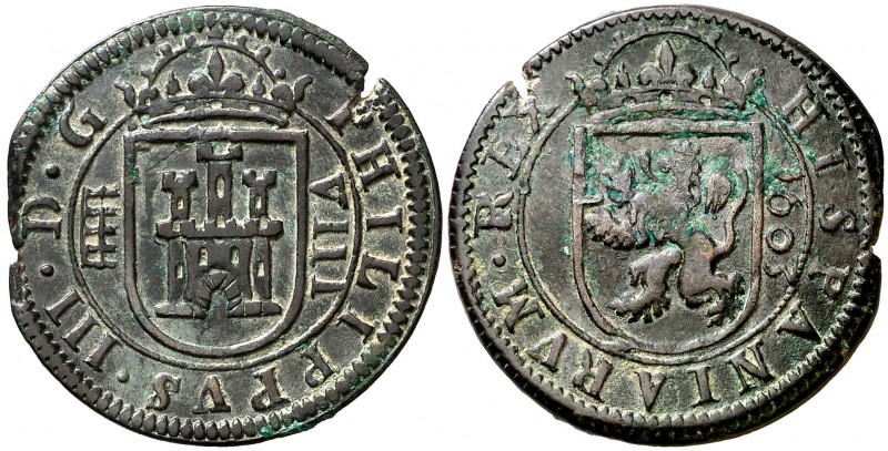 1603. Felipe III. Segovia. 8 maravedís. (Cal. 759). 6 g. Acueducto de cuatro arc...