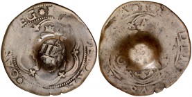 Felipe III (1603-1606). Toledo. (Cal. nota pág. 289) (J.S. E-52). 5,42 g. Resello de valor VIII sobre 4 maravedís de Cuenca de los Reyes Católicos BC....