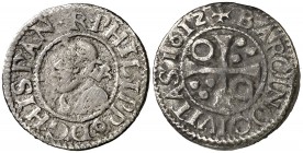 1612. Felipe III. Barcelona. 1/2 croat. 1,55 g. Falsa de época. Rara. BC+.