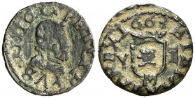 1663. Felipe IV. M (Madrid). Y. 2 maravedís. (Cal. 1459) (J.S. M-475). 0,50 g. Escasa. MBC+.