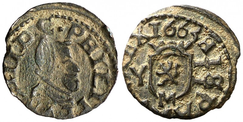 1663. Felipe IV. M (Madrid). Y. 2 maravedís. (Cal. 1459) (J.S. M-477). 0,50 g. E...