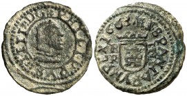 1663. Felipe IV. Burgos. R. 4 maravedís. (Cal. 1270). 1,09 g. MBC-/MBC.