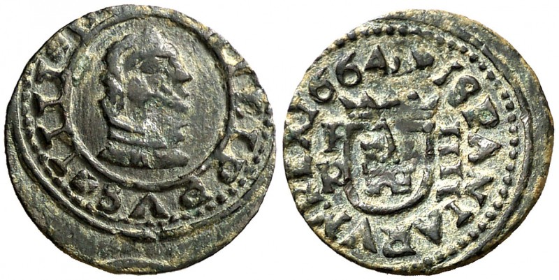 1664. Felipe IV. Burgos. R. 4 maravedís. (Cal. 1272). 0,91 g. Pequeña doble acuñ...