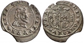 (1)663. Felipe IV. Granada. N. 8 maravedís. (Cal. 1364). 1,83 g. Final de riel. La V de PHILIPPVS rectificada sobre una S. (MBC+).