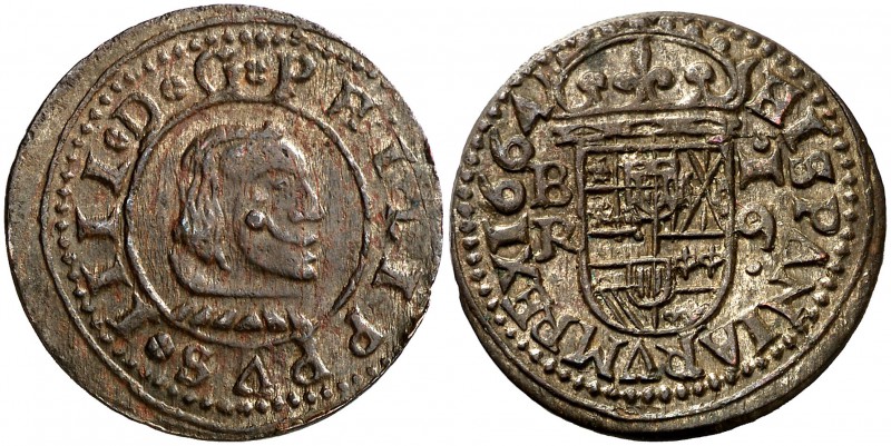 1664. Felipe IV. Burgos. R. 16 maravedís. (Cal. 1250). 5,20 g. Punto sobre el bu...