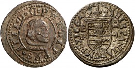 1664. Felipe IV. Burgos. R. 16 maravedís. (Cal. 1250). 5,20 g. Punto sobre el busto. MBC+.
