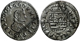 1660. Felipe IV. (Madrid). A. 16 maravedís. (Cal. 1388). 3,19 g. Doblada y enderazada. Rara. (MBC+).