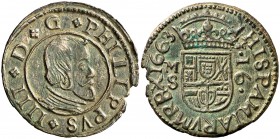 1663. Felipe IV. M (Madrid). S. 16 maravedís. (Cal. 1399). 3,81 g. Pátina verde. MBC+.
