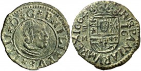 1664. Felipe IV. Valladolid. M. 16 maravedís. (Cal. 1674). 4,10 g. Pátina verde. Escasa así. EBC-.