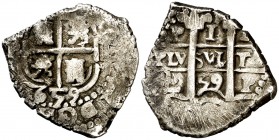 1659. Felipe IV. Potosí. E. 1 real. (Cal. 1059). 2,77 g. Doble fecha, la del anverso de tres dígitos. MBC-.