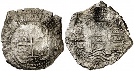 1652. Felipe IV. Potosí. E. 8 reales. (Cal. 434). 23,27 g. IPH6 bajo corona en reverso. Triple fecha, una parcial. Oxidaciones marinas. Escasa. BC.
