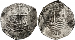 1657. Felipe IV. Potosí. E. 8 reales. (Cal. 445). 25 g. Triple fecha, una parcial. Oxidaciones marinas. (MBC-).
