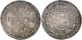 1636. Felipe IV. Amberes. 1 patagón. (Vti. 942) (Dav. 4462) (Vanhoudt 645.AN). En cápsula de la NGC VF30, nº 3161987-014. MBC-.