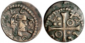 1642. Guerra dels Segadors. Tàrrega. 1 diner. (Cru.C.G. 4660 var) (Cru.Segadors 168 var). 1,05 g. Busto de Lluís XIII a derecha. Concreciones. Rara. (...