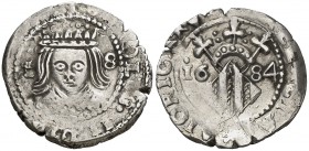 1684. Valencia. 1 divuitè. (Cal. 771) (Cru.C.G. 4926d) (Petit 327). 1,91 g. Corona dentada con puntos. Ex Colección Crusafont, nº 1500. MBC-.