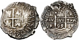 1695. Carlos II. Lima. R. 2 reales. (Cal. 568). 6,66 g. Doble fecha. Muy visible el nombre y ordinal del rey. Buen ejemplar. Rara así. MBC+.