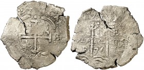 1676. Carlos II. Potosí. E. 8 reales. (Cal. 351). 25,46 g. Doble fecha. Oxidaciones marinas. BC.