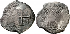 1693. Carlos II. Potosí. VR. 8 reales. (Cal. 379). 27,12 g. Oxidaciones marinas. (BC).