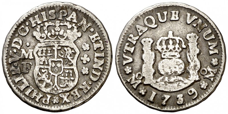 1739. Felipe V. México. MF. 1/2 real. (Cal. 1863 var). 1,54 g. Columnario. MBC-/...