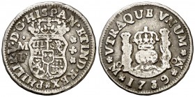 1739. Felipe V. México. MF. 1/2 real. (Cal. 1863 var). 1,54 g. Columnario. MBC-/BC+.