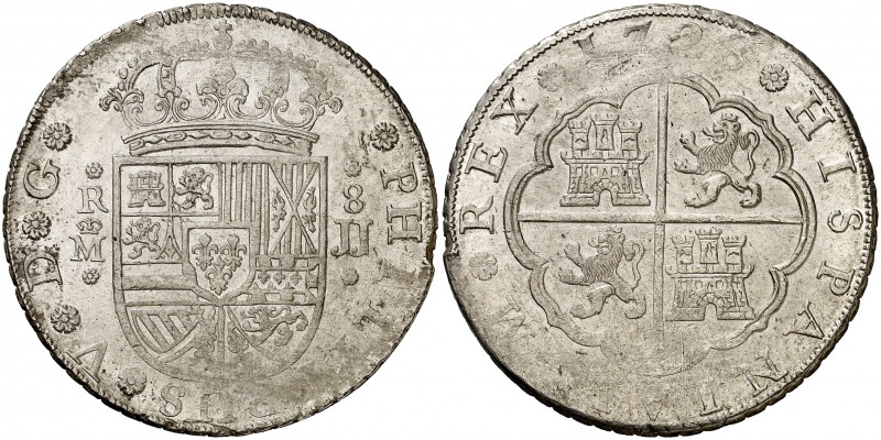 1728. Felipe V. Madrid. JJ. 8 reales. (Cal. 693). 27,12 g. Acuñación floja en pa...