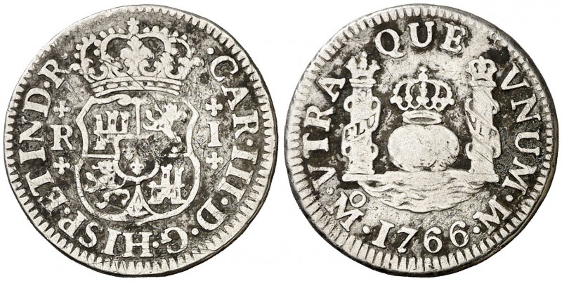 1766. Carlos III. México. M. 1 real. (Cal. 1546). 3,20 g. Columnario. BC.