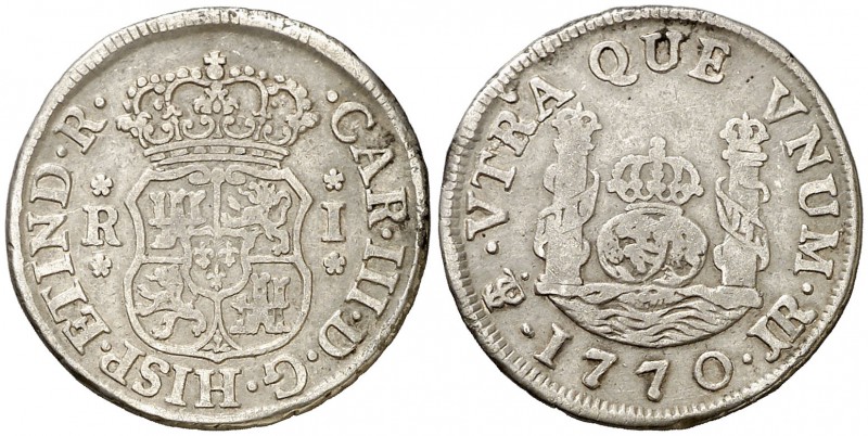 1770. Carlos III. Potosí. JR. 1 real. (Cal. 1594). 3,38 g. Columnario. Ex Áureo ...