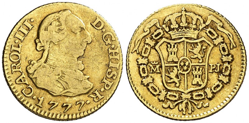 1777. Carlos III. Madrid. PJ. 1/2 escudo. (Cal. 771). 1,76 g. BC+/MBC-.