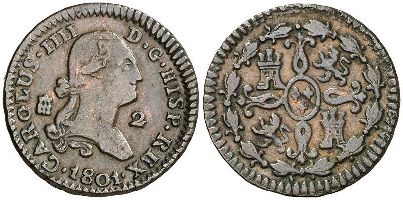 1801. Carlos IV. Segovia. 2 maravedís. (Cal. 1533). 2,35 g. MBC-.