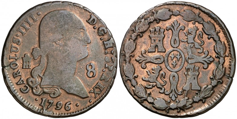 1796. Carlos IV. Segovia. 8 maravedís. (Cal. 1487). 11 g. BC+/MBC-.