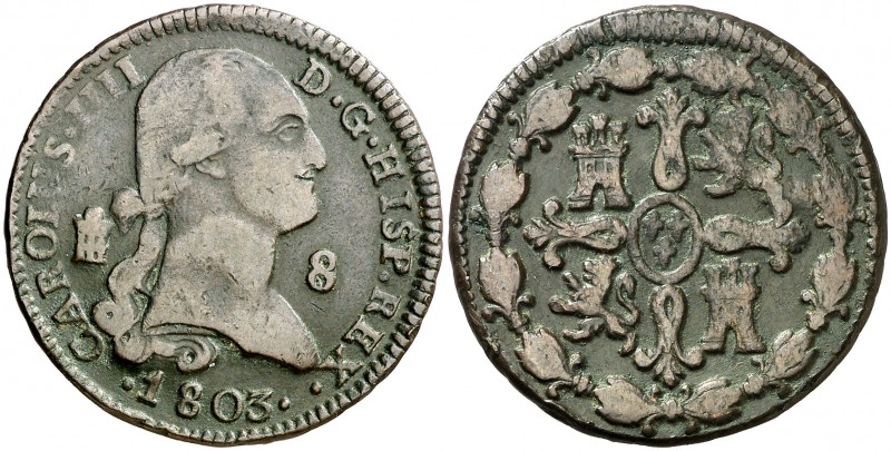 1803. Carlos IV. Segovia. 8 maravedís. (Cal. 1494). 11,73 g. Golpecito. MBC-.