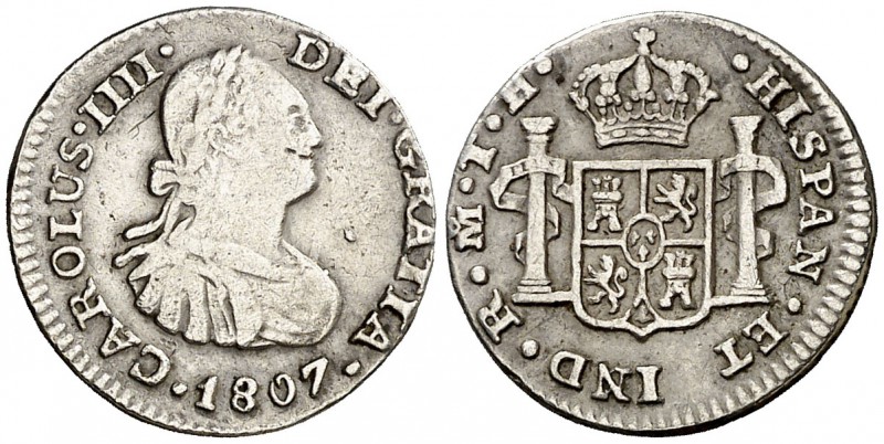 1807. Carlos IV. México. TH. 1/2 real. (Cal. 1302). 1,65 g. MBC-/MBC.