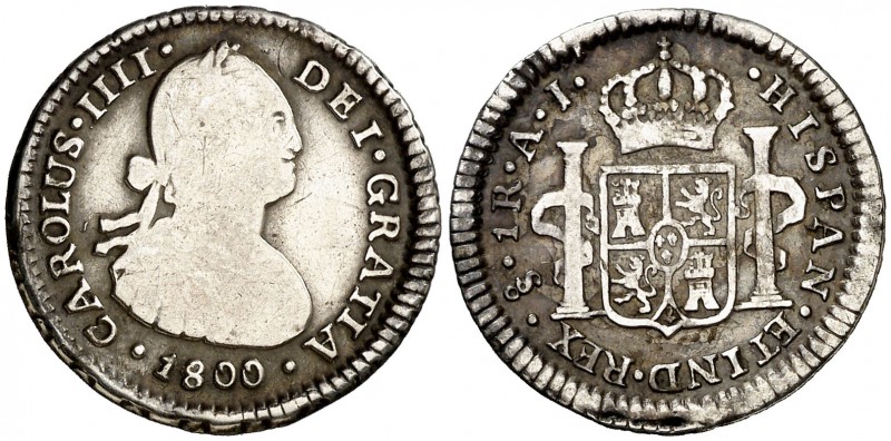 1800. Carlos IV. Santiago. AJ. 1 real. (Cal. 1207). 3,20 g. Limpiada. Escasa. BC...