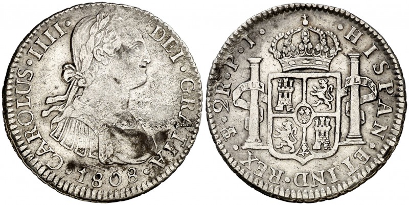 1808. Carlos IV. Potosí. PJ. 2 reales. (Cal. 1028). 6,69 g. Manchitas. Ex Áureo ...