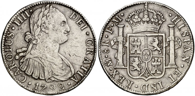 1792. Carlos IV. México. FM. 8 reales. (Cal. 685). 26,74 g. Golpecitos. MBC-.