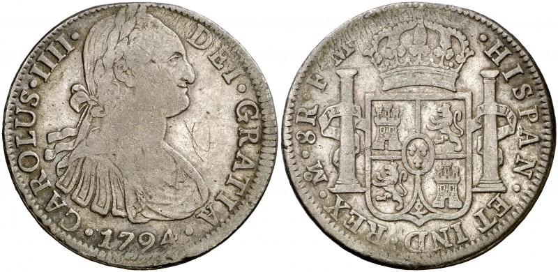 1794. Carlos IV. México. FM. 8 reales. (Cal. 687). 26,62 g. Rayitas. MBC-.