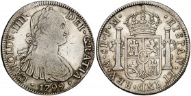 1799. Carlos IV. México. FM. 8 reales. (Cal. 694). 26,77 g. Rayitas. MBC-.