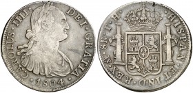 1804. Carlos IV. México. TH. 8 reales. (Cal. 701). 26,74 g. Grieta en canto. (MBC).