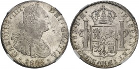 1805. Carlos IV. México. TH. 8 reales. (Cal. 703). En cápsula de la NGC como MS62, nº 4686094-007. Bella. EBC.