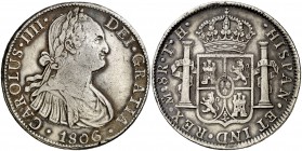 1806. Carlos IV. México. TH. 8 reales. (Cal. 705). 26,83 g. Leves golpecitos. Pátina. MBC-/MBC.
